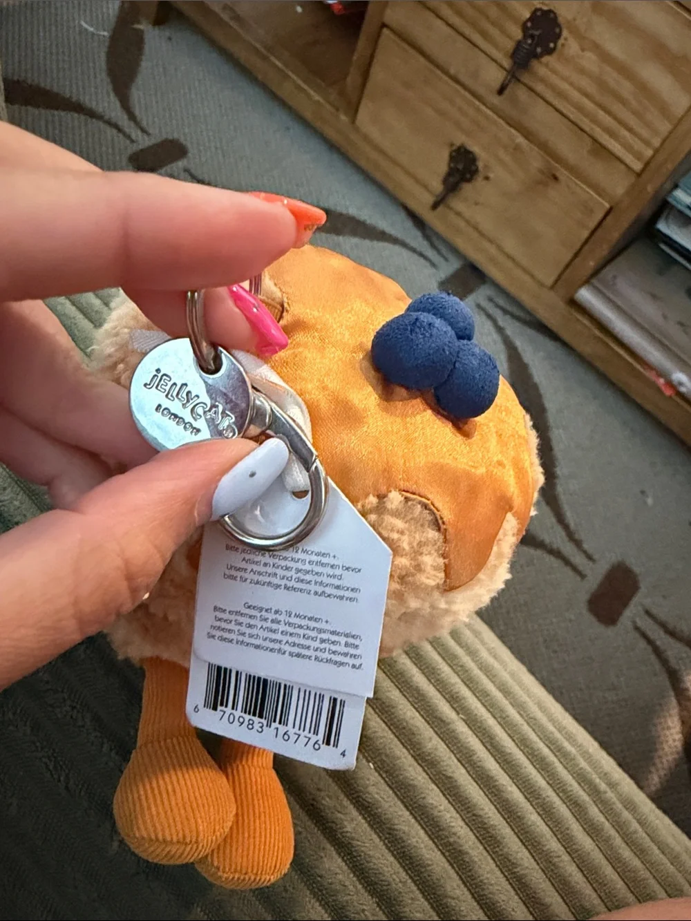 Jellycat Cream Pancake Plush Keychain with Blue Topper and Orange Legs NEW YORK
